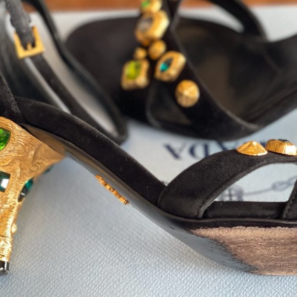 PRADA Black Suede Ankle Strap Sandals Metal Sculptural Gold Heel with Emeralds - Picture 14 of 16